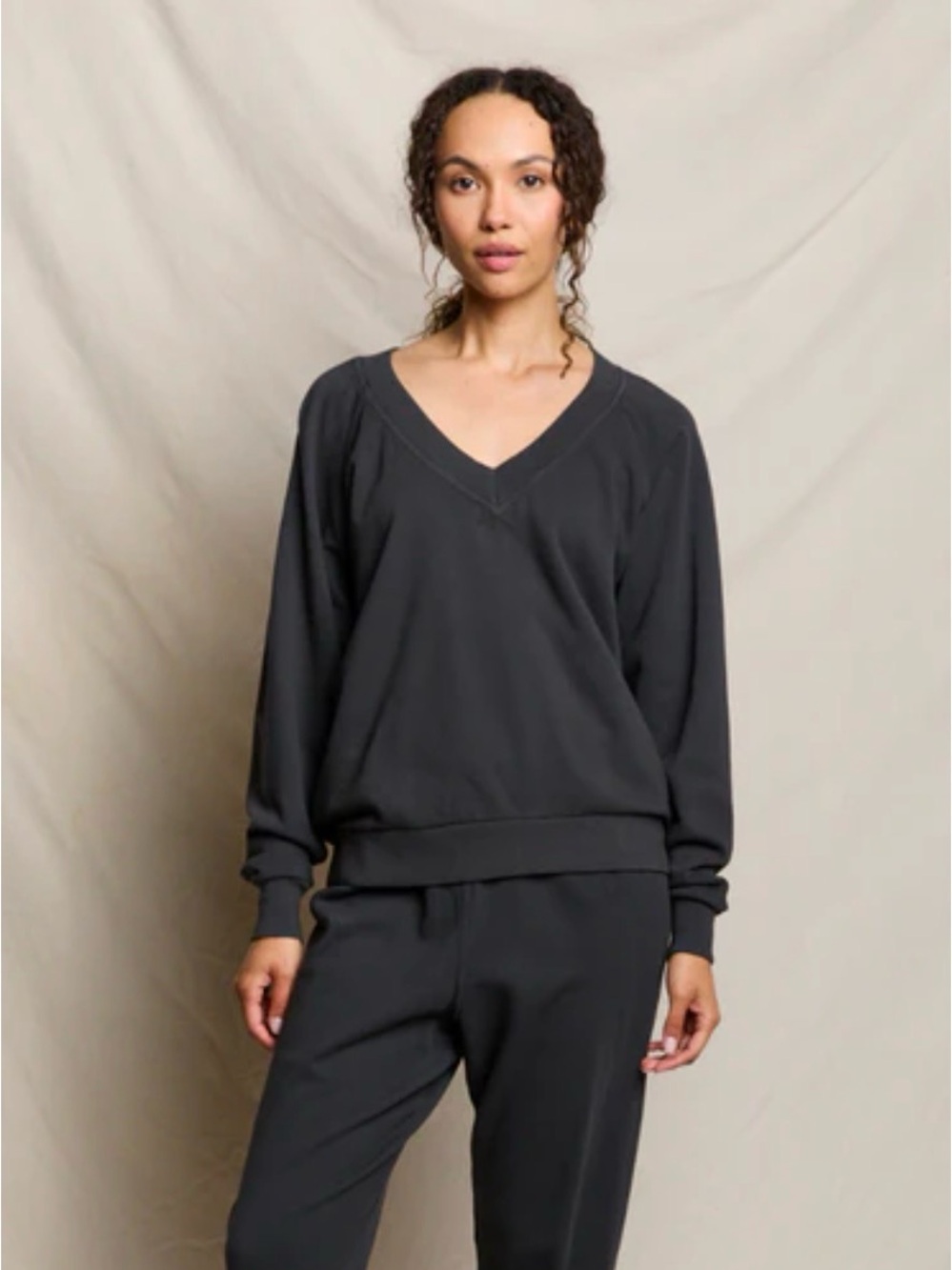 Perfect White Tee Sinead French Terry V Neck Cotton Sweatshirt Vintage Black S